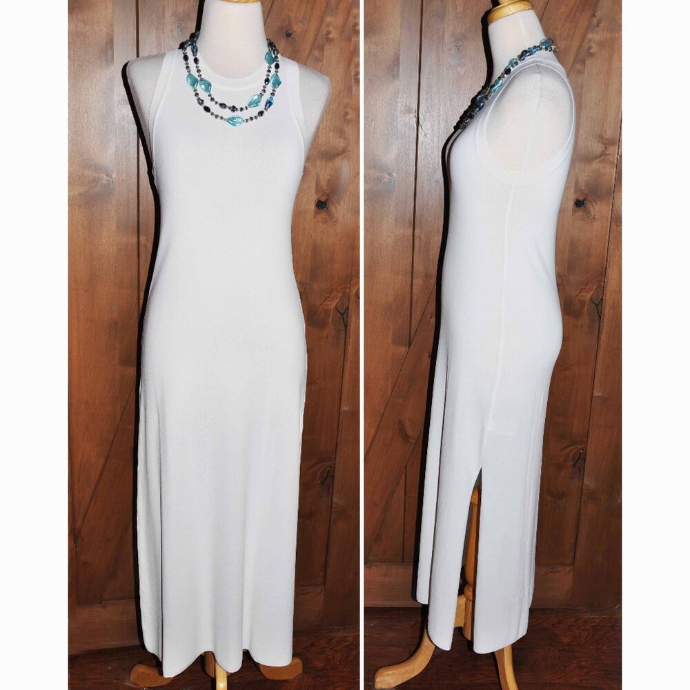White Midi High Neck A Line Side Slit Knit BodyCon Sexy Tank Dress Boho Style